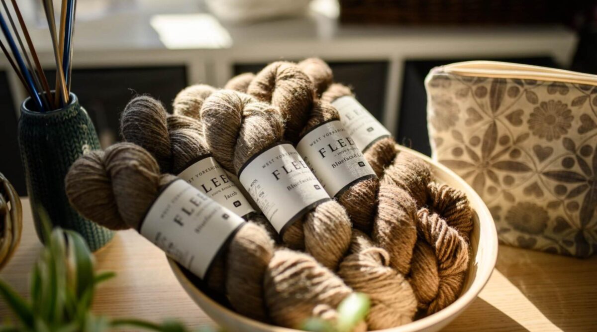 featured image for why wool is the best yarn for knitting blog, several skeins of fleece by West Yorkshire Spinners are in a bowl on a tabletop. The sun is shining on them creating an atmospheric shadow