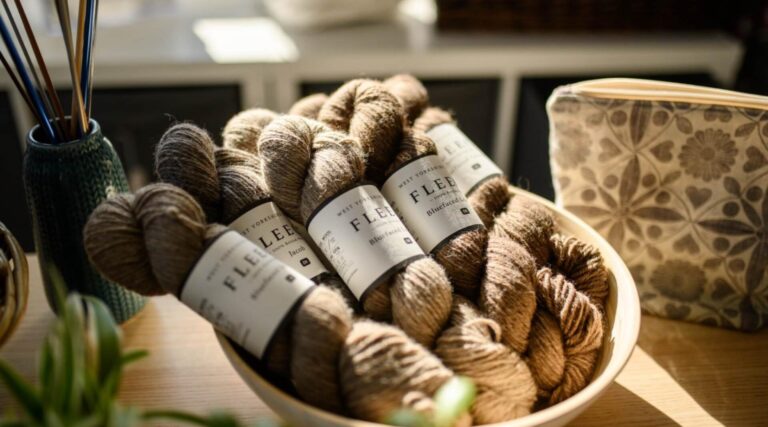 featured image for why wool is the best yarn for knitting blog, several skeins of fleece by West Yorkshire Spinners are in a bowl on a tabletop. The sun is shining on them creating an atmospheric shadow